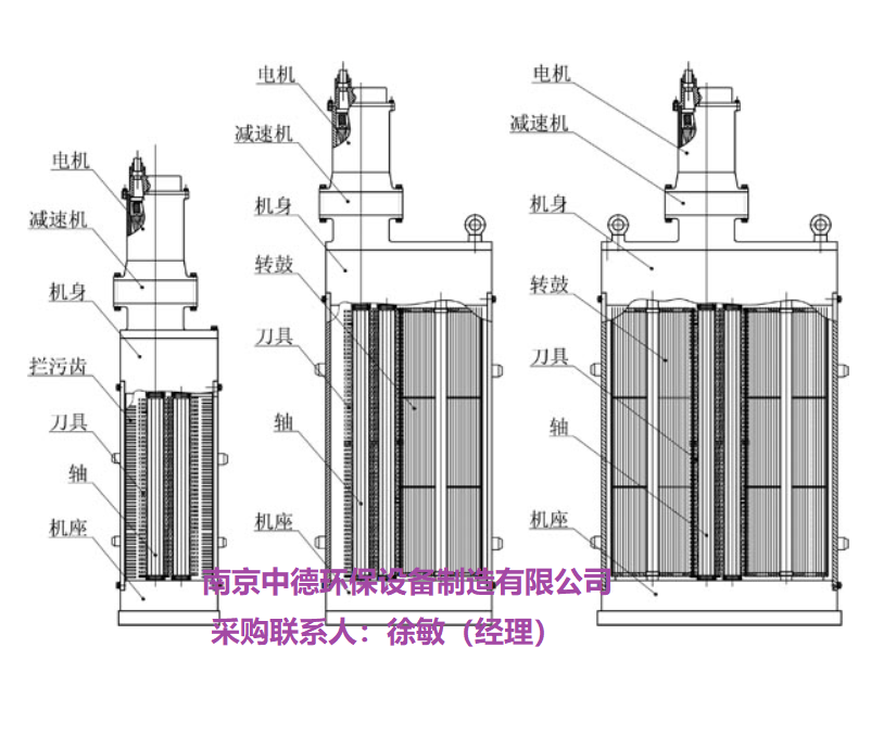 无鼓粉碎型格栅机内部结构示意图及外形尺寸；粉碎性格栅生产厂家